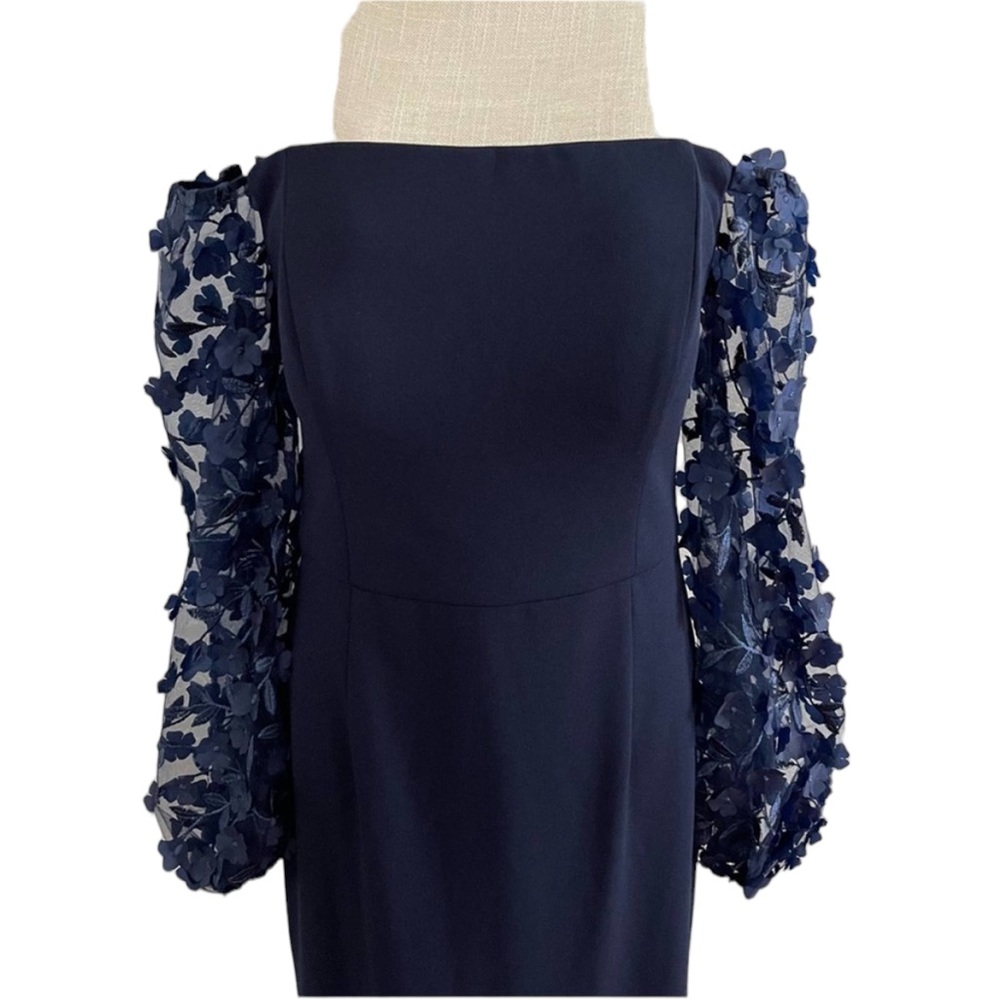 ELIZA J Off The Shoulder 3D Floral Sleeve Navy scuba crepe Blue Gown size 8 - Picture 8 of 13